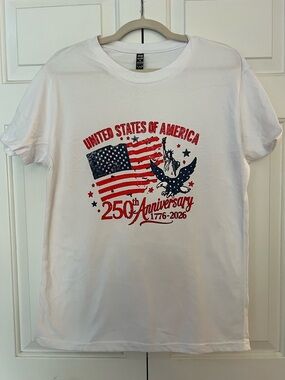 Patriotic USA Flag White Tee with Red and Blue 250th Anniversary Graphic New